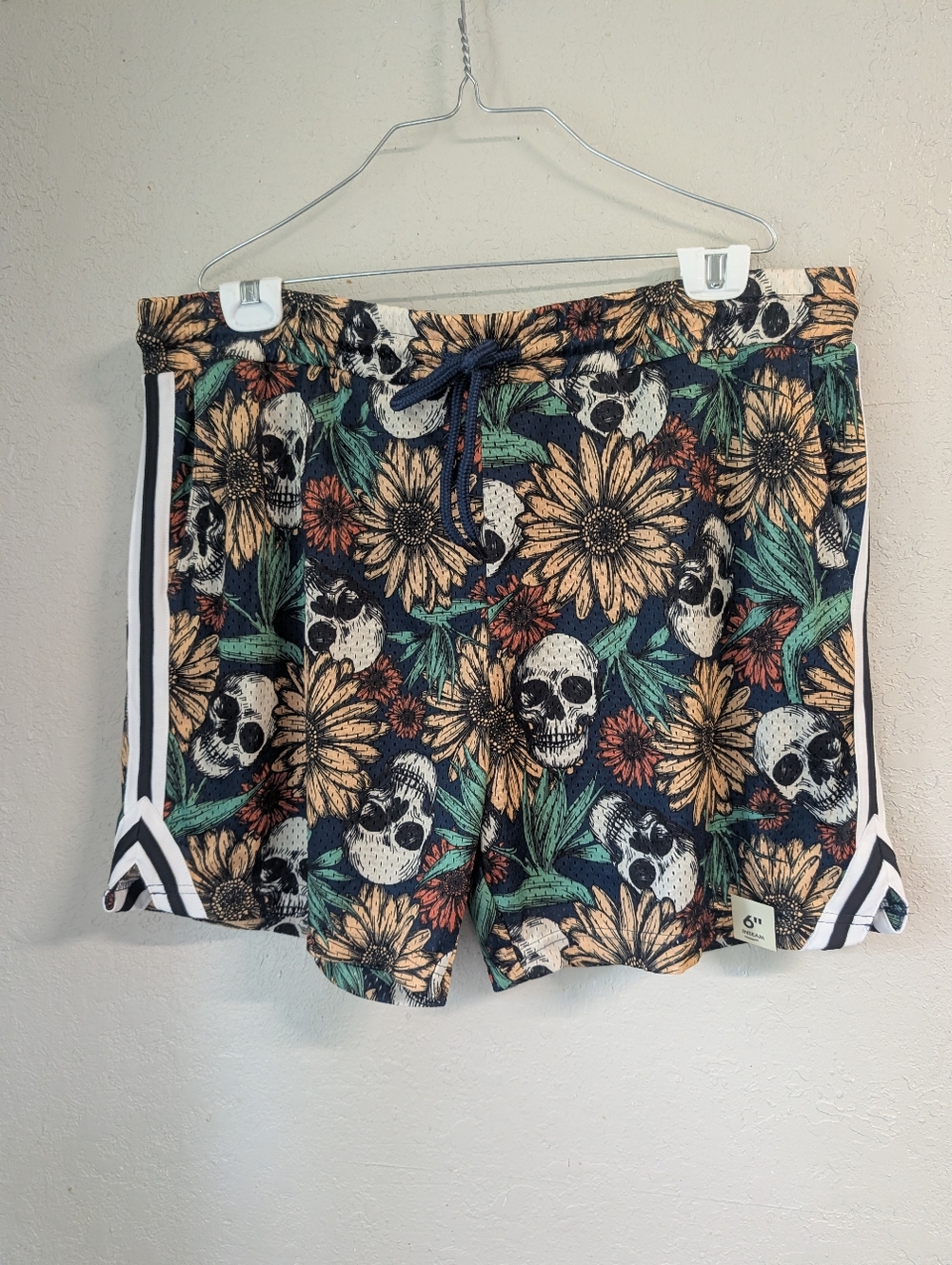 Floral Skull Mesh Shorts Mens XL Drawstring Grunge Punk Indie Sleaze Lounge